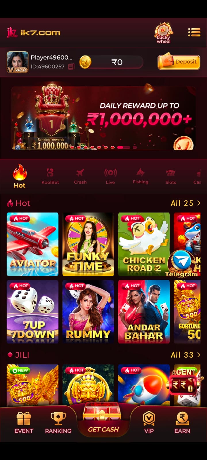 IK7 Game APK home screen showing hot games like Aviator, Funky Time, and Chicken Road 2