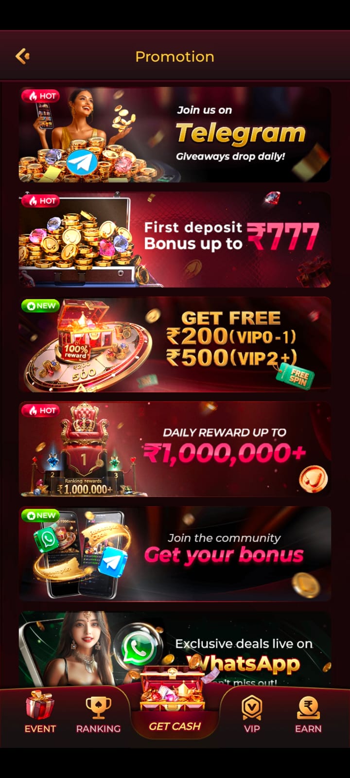 Promotion page showing Telegram join, first deposit bonus, and daily reward banners