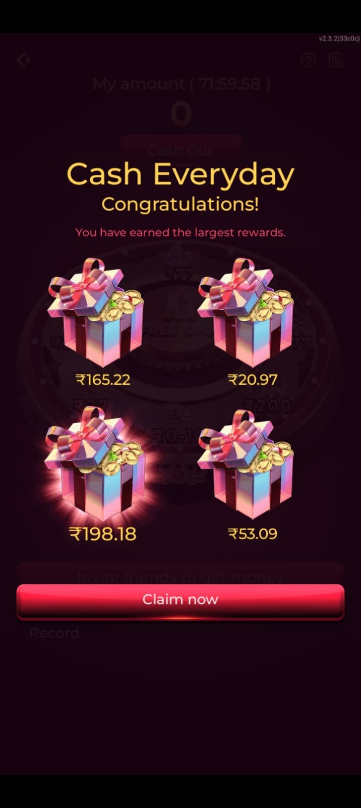 Cash Everyday reward screen with gift boxes and a claim now button