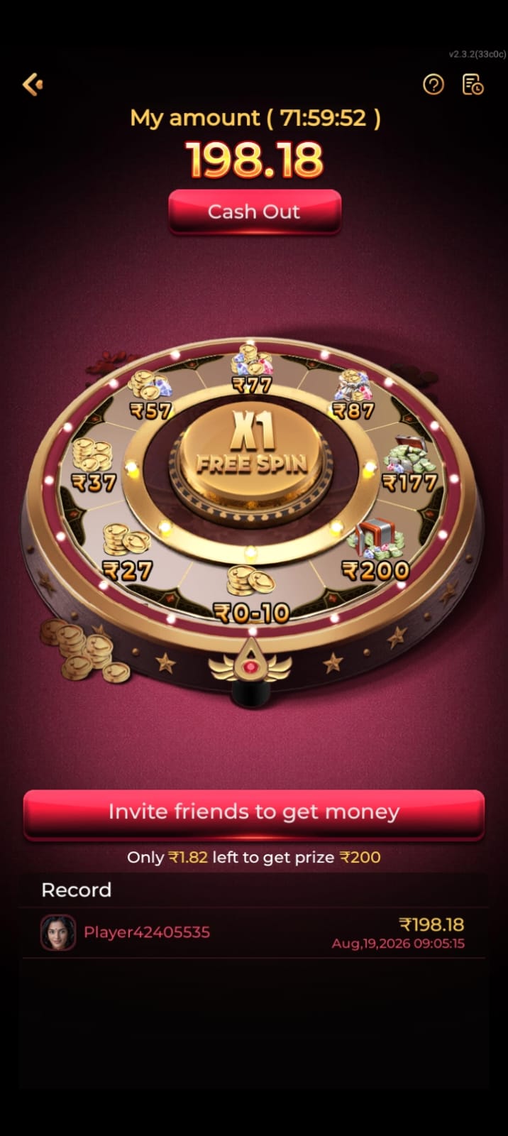 Free spin wheel showing cash prizes and a cash out option