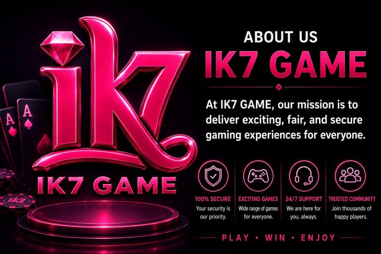 IK7 Game APK About Us banner showing logo, security, exciting games, 24/7 support, and trusted community icons