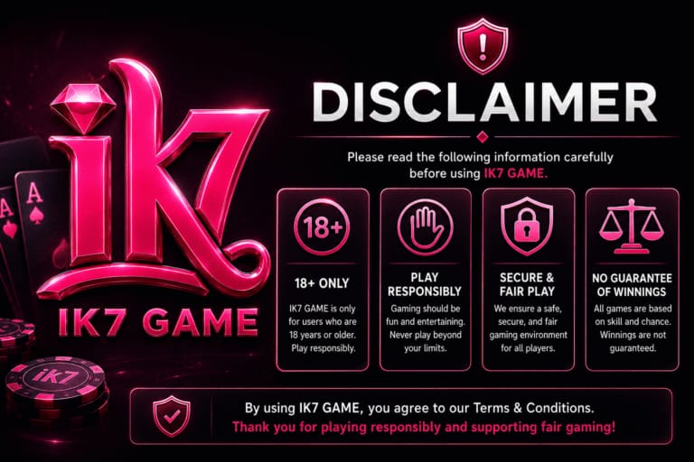 IK7 Game APK disclaimer showing 18+ only, play responsibly, secure and fair play, and no guarantee of winnings notices